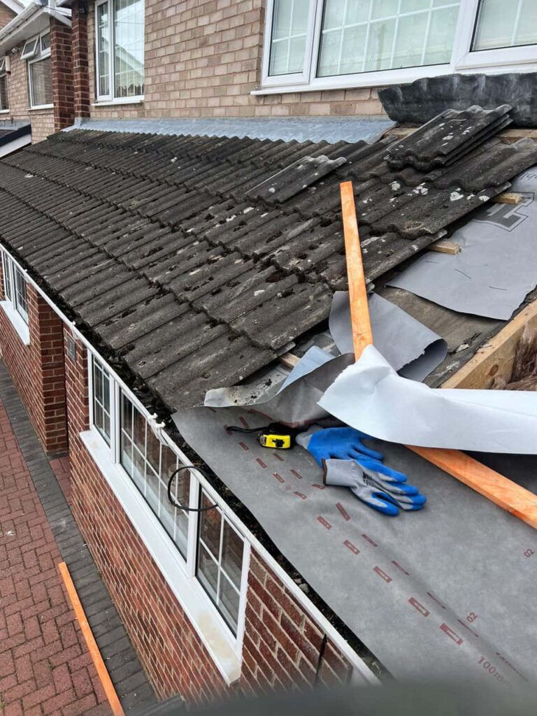 This is a photo of a pitched roof which is being repaired. The existing roof was leaking badly. Works carried out by LS Roofing Furze Platt